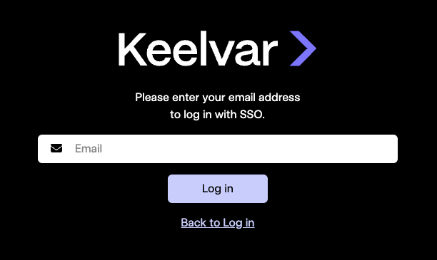 Der Keelvar-Anmeldebildschirm hebt die Schaltflächenoption „Mit SSO anmelden“ hervor.