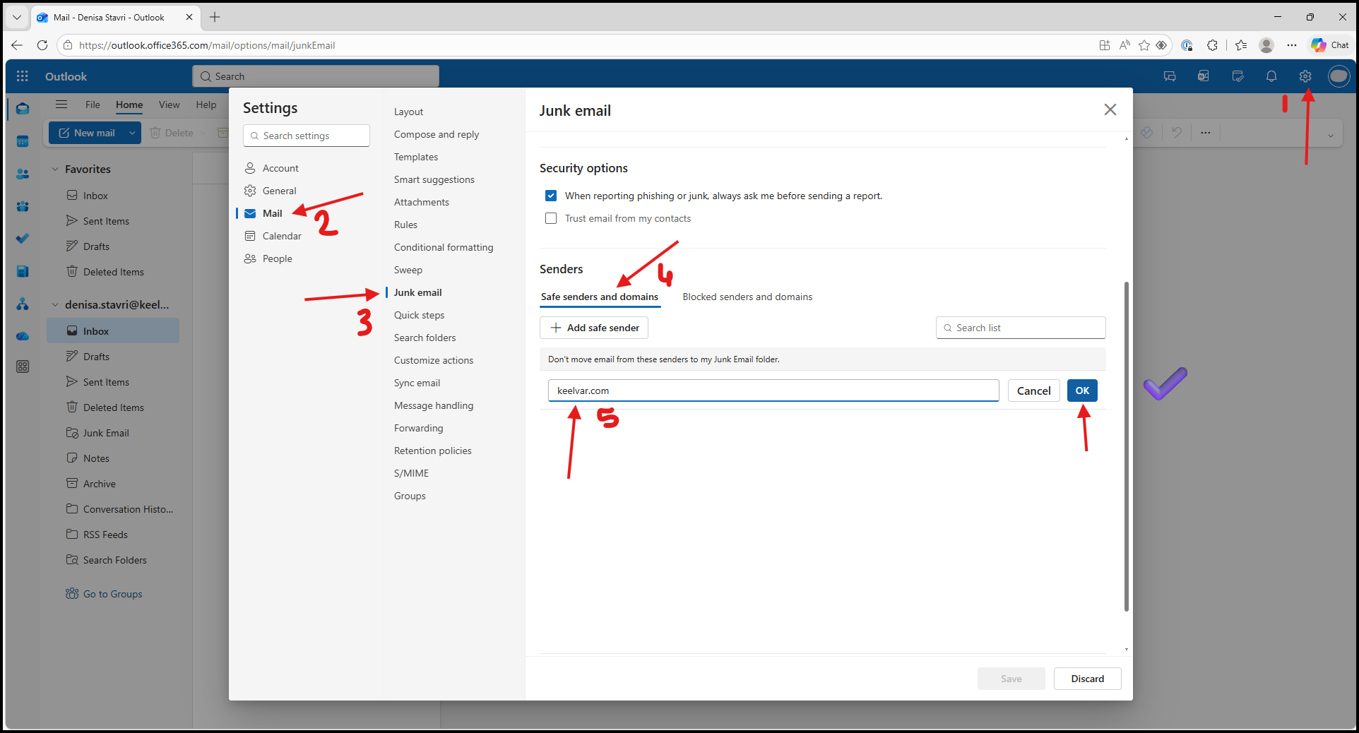 Outlook Junk email settings for safe senders