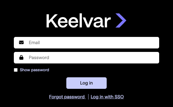 The Keelvar login screen showing the Email and Password input fields.