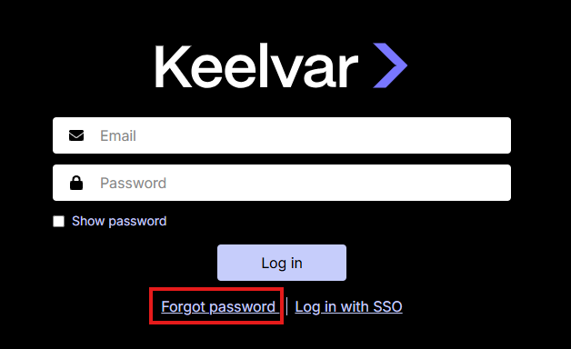 Option de réinitialisation du mot de passe de la page de connexion Keelvar