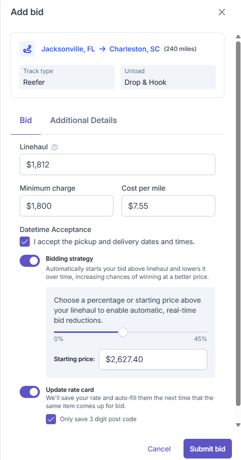 Add bid side panel Bid tab