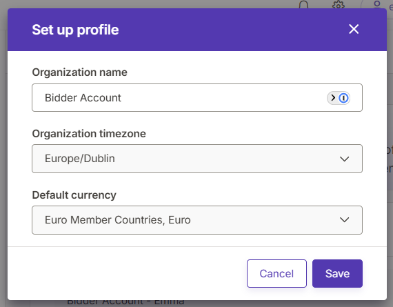 Set up profile dialog box