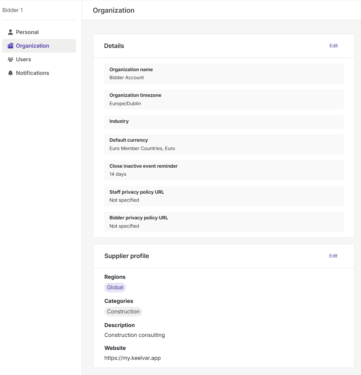 Organization settings page displaying company details and supplier profile