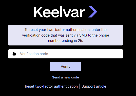Interface for entering the SMS reset code