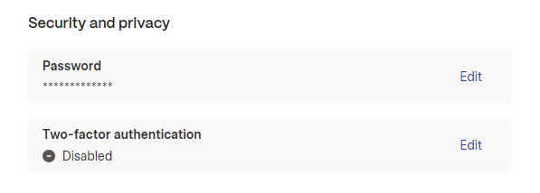 Account settings screen showing disabled 2FA status