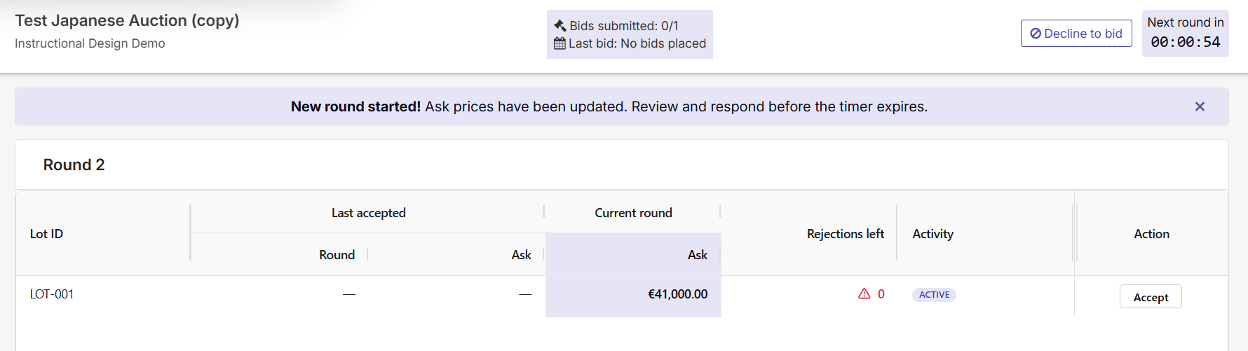 Keelvar Japanese auction Bid Sheet interface showing active Ask Price, round counter, and countdown clock