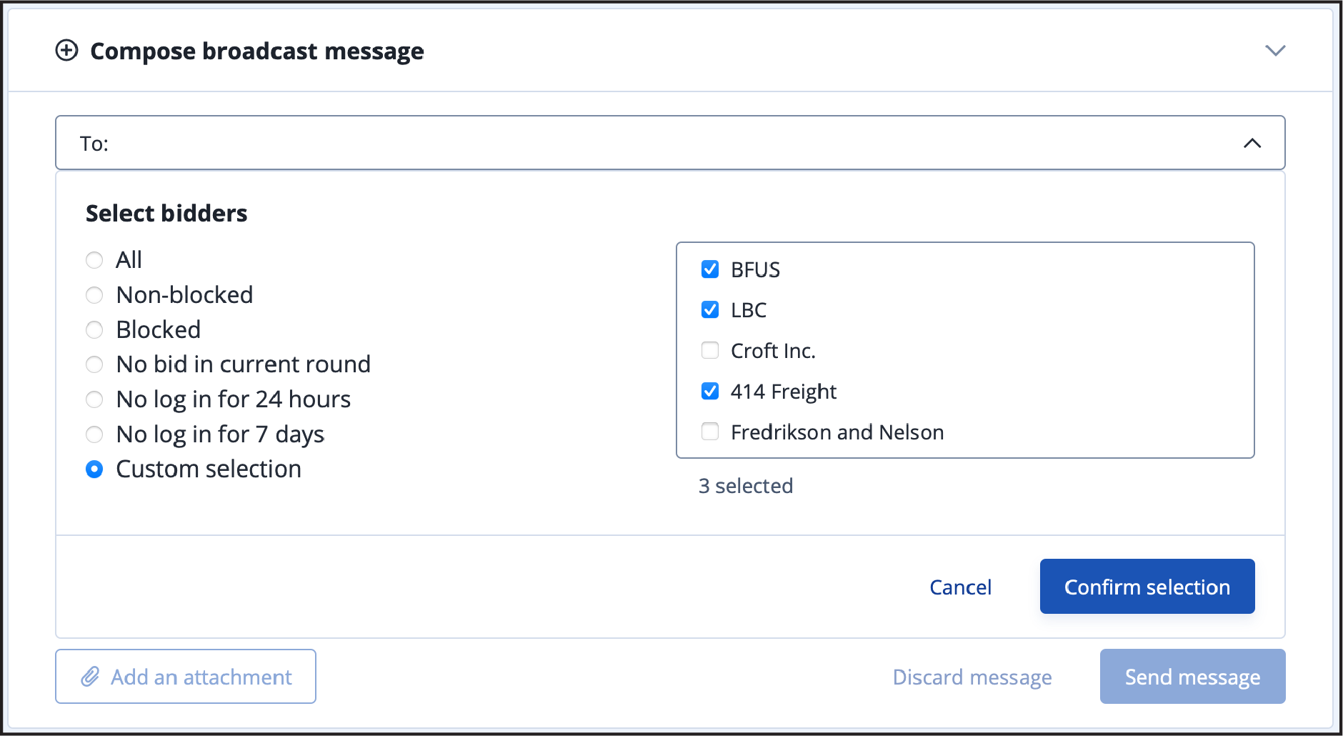 Compose message area — multiple bidders selected