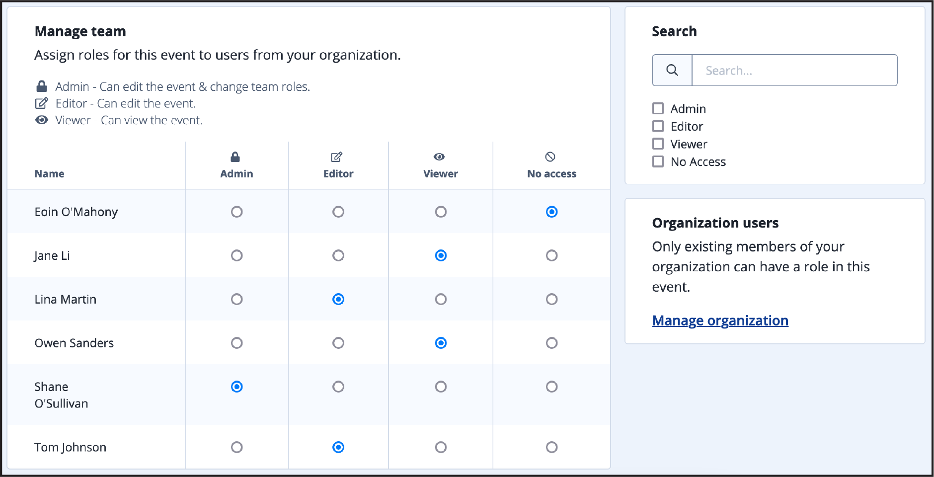 Manage team page