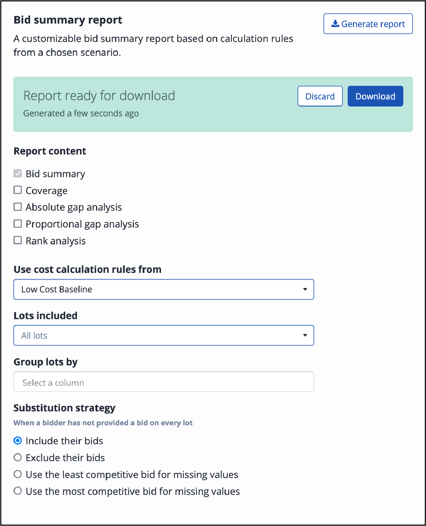 Bid Analysis Reports tab — Customize report