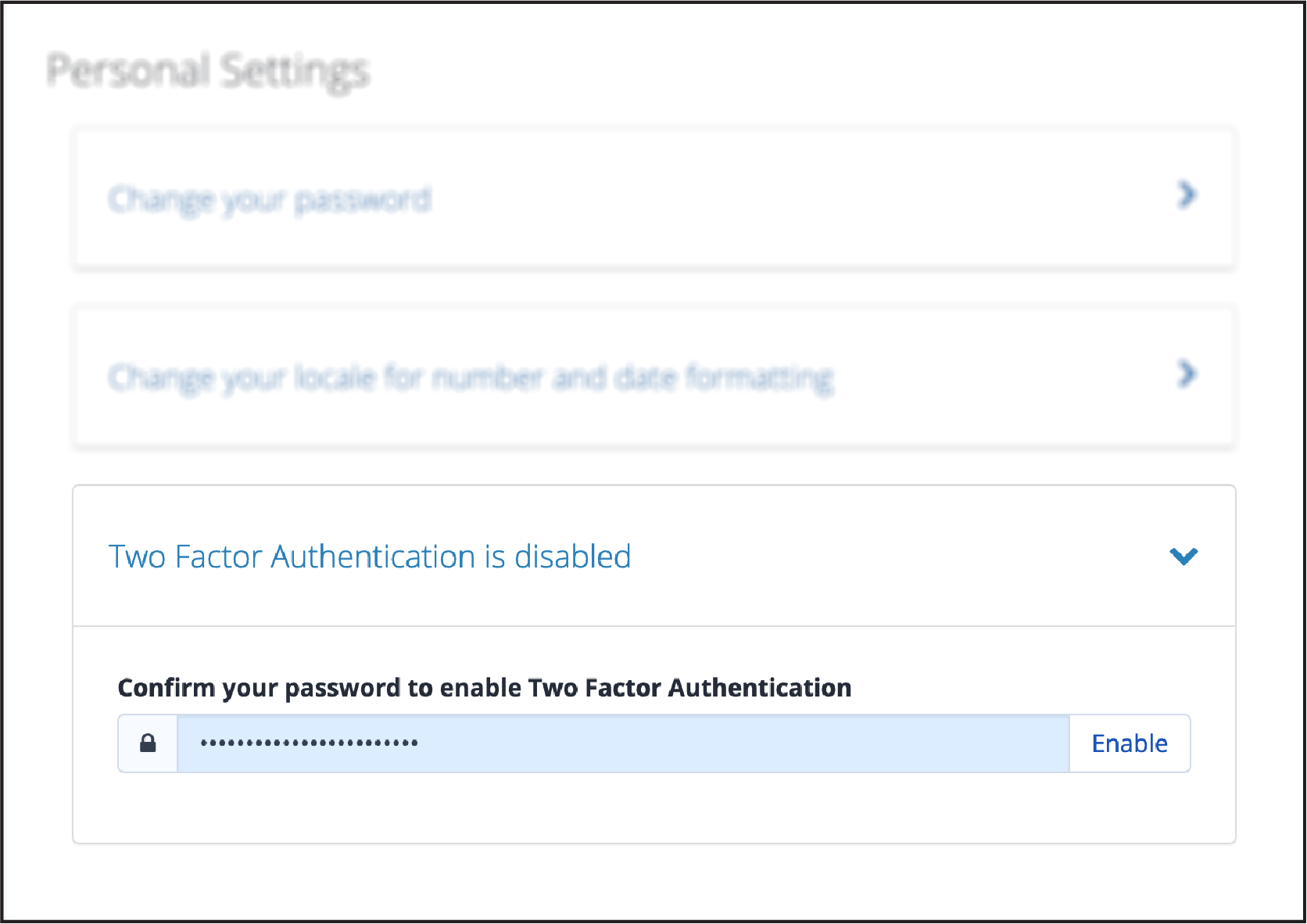 Personal Settings — Enabling two-factor authentication